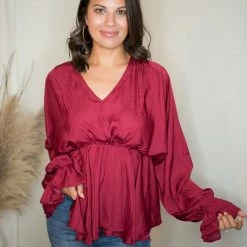Glam Wine V Neck Blouse Tops