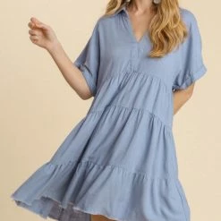 UMGEE New Arrivals Dusty Blue Linen Dress