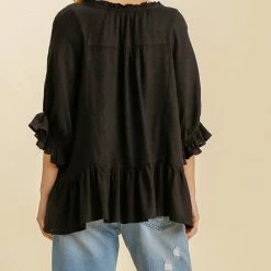 UMGEE Final Sale Black Linen Ruffle Blouse