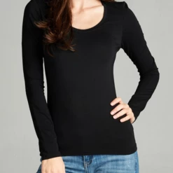 Active Basic Tops 904 Black Scoop Neck Long Sleeve