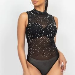 Irishbasic Black Rhinestone/Studded Bodysuit New Arrivals
