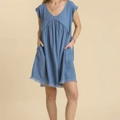 UMGEE New Arrivals Blue Linen V Neck Dress