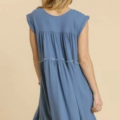 UMGEE New Arrivals Blue Linen V Neck Dress