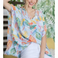 Jodifl New Arrivals Sky Blue Leaf Print Top