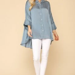 Gigio Slate Blue Satin Button Down Top New Arrivals