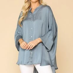 Gigio Slate Blue Satin Button Down Top New Arrivals