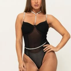 Fashion Wildcat Black Rhinestone Bodysuit New Arrivals
