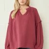 Entro Tops Burgundy Crinkled V Neck