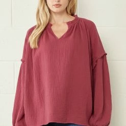 Entro Tops Burgundy Crinkled V Neck