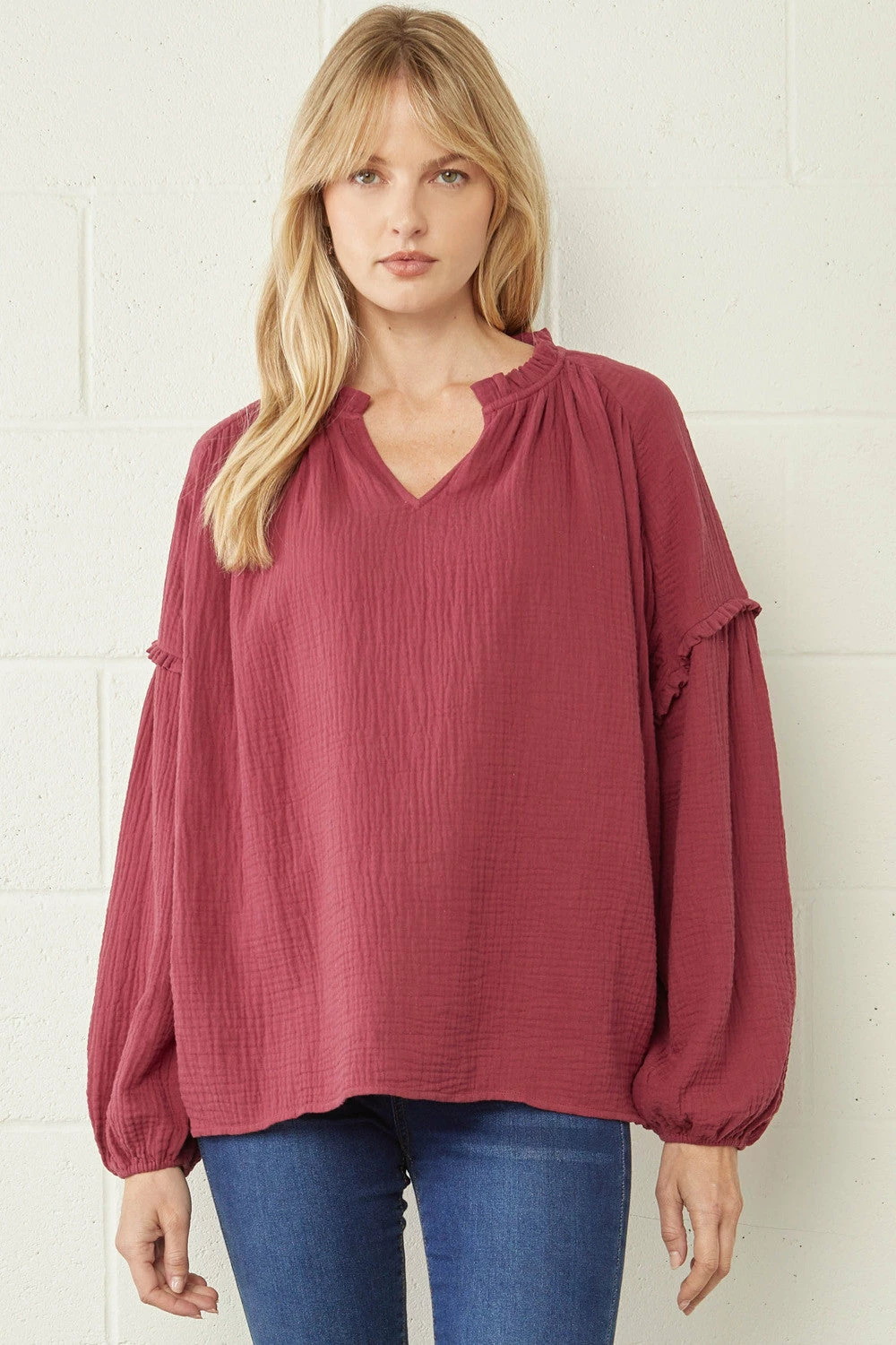 Entro Tops Burgundy Crinkled V Neck 1 Entro Tops Burgundy Crinkled V Neck