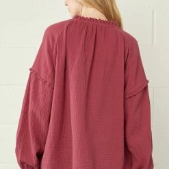 Entro Tops Burgundy Crinkled V Neck