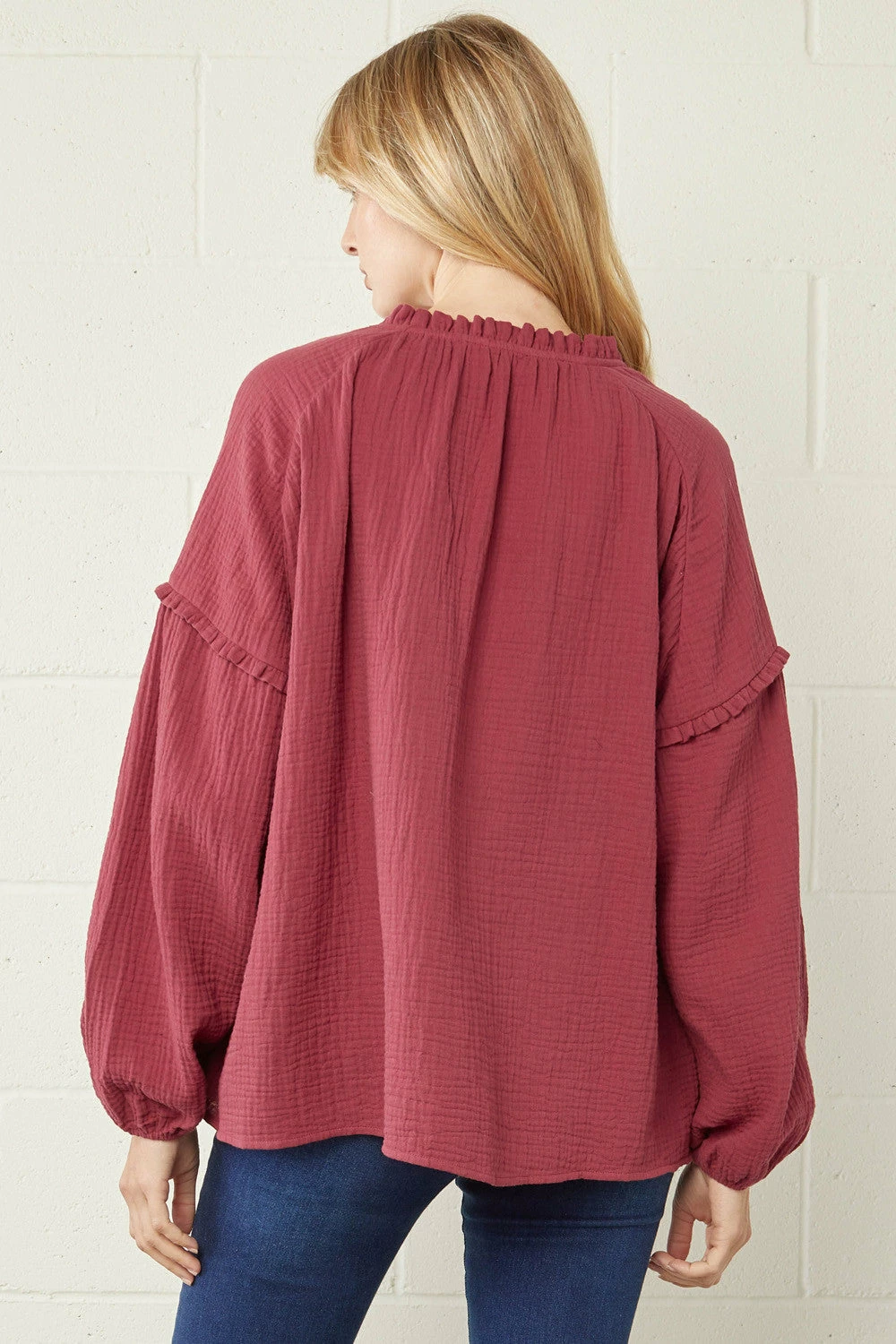 Entro Tops Burgundy Crinkled V Neck 2 Entro Tops Burgundy Crinkled V Neck