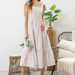 Blu Pepper New Arrivals Khaki Striped Midi Dress