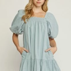Entro Dusty Blue Bubble Sleeve Dress