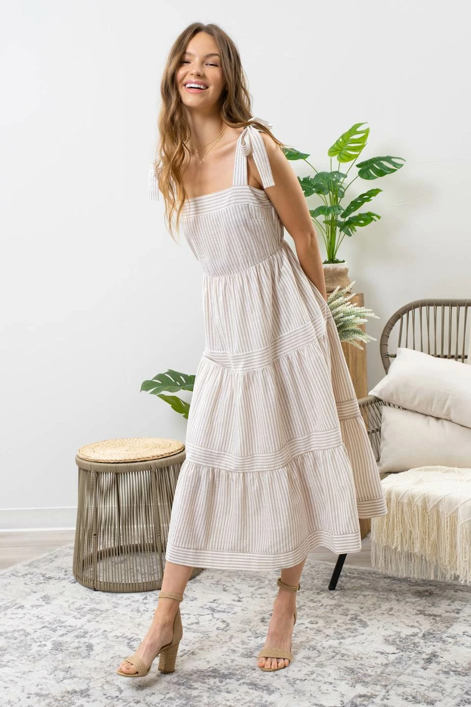 Blu Pepper New Arrivals Khaki Striped Midi Dress 2 Blu Pepper New Arrivals Khaki Striped Midi Dress