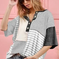 Bibi New Arrivals Grey Color/Block Striped Top