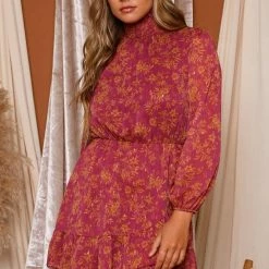 Peach Love Dresses Magenta/Mustard Mock Neck Dress