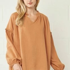 Entro Camel Crinkled V Neck