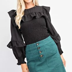 Glam Final Sale Black Ruffled Smocked Top