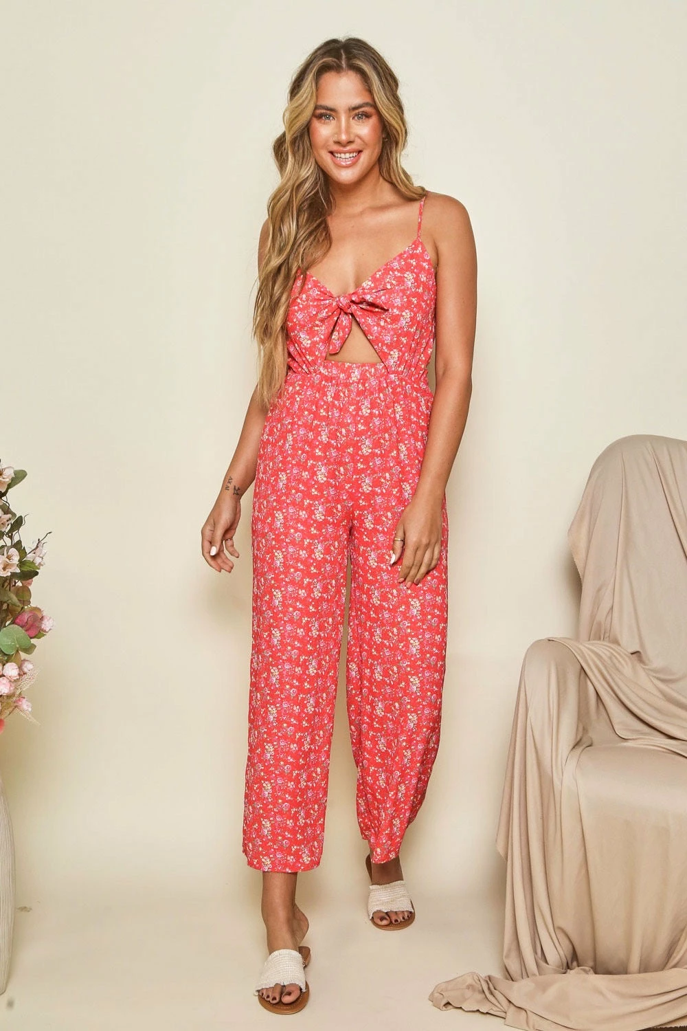Peach Love Printed Tie Front Jumpsuit 1 Peach Love Printed Tie Front Jumpsuit