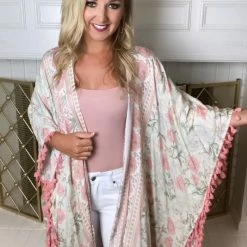 Gigio Blush Printed Fringe Kimono New Arrivals