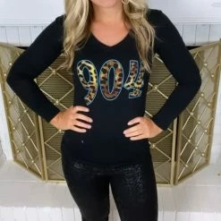 Active Basic Tops 904 Black V Neck Long Sleeve