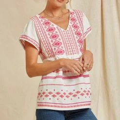 Andree By Unit New Arrivals Ivory/Magenta Embroidered Top