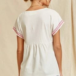 Andree By Unit New Arrivals Ivory/Magenta Embroidered Top