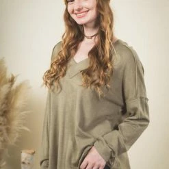 Very J Olive V Neck Top