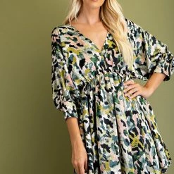 Glam Olive Ballon Sleeve Dress Dresses