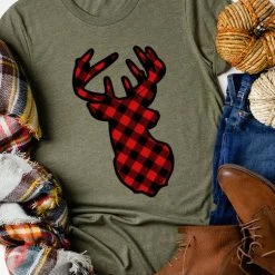 Kissed Apparel Olive Deer Plaid Tee Tops