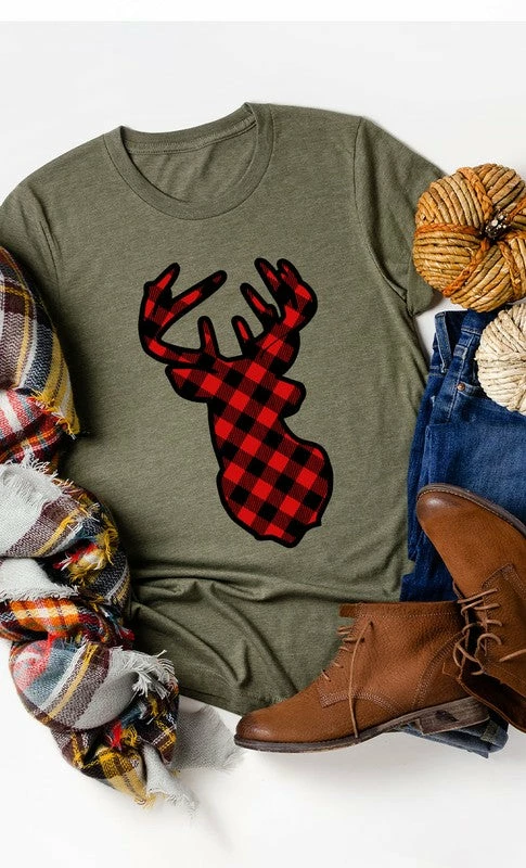 Kissed Apparel Olive Deer Plaid Tee Tops 1 Kissed Apparel Olive Deer Plaid Tee Tops