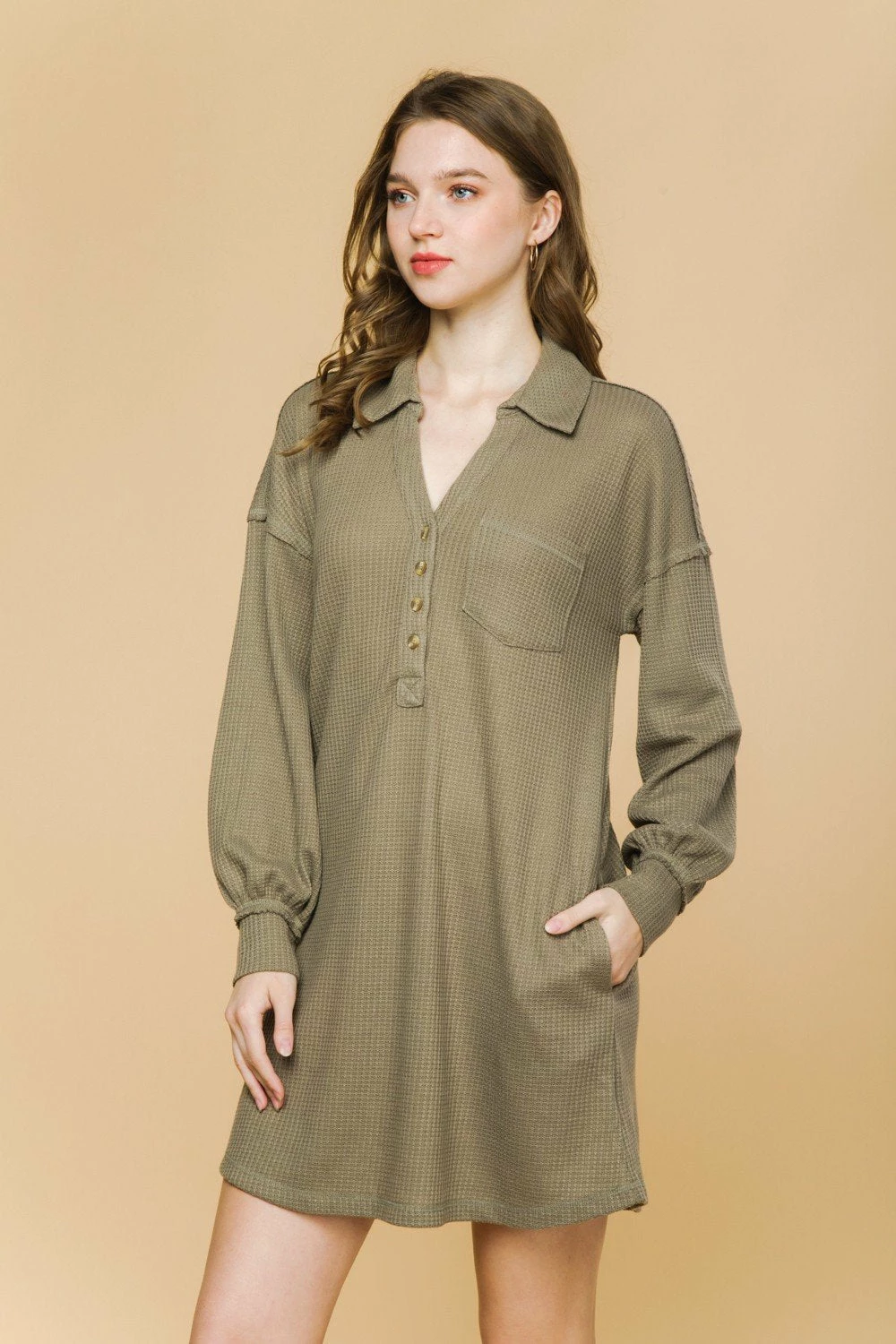 Very J Dresses Olive Waffle Knit Dress 1 Very J Dresses Olive Waffle Knit Dress