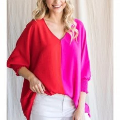 Jodifl New Arrivals Hot Pink/Red V Neck Top