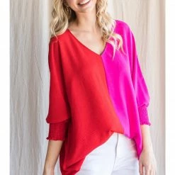 Jodifl New Arrivals Hot Pink/Red V Neck Top