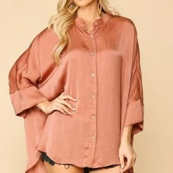 Gigio Rose Clay Satin Button Down Top