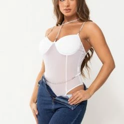 Fashion Wildcat White Rhinestone Bodysuit